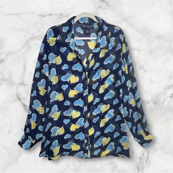 Susan Graver Style Blouse 2x Blue Yellow Hearts Love Romantic - Picture 1 of 15